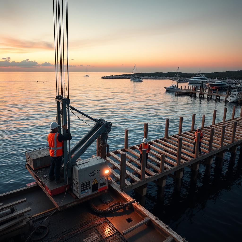 Marine construction crew driving piles and building a dock over water